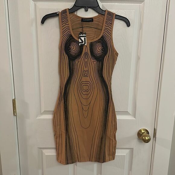 Shane Justin Tan Black Illusion Line Drawing Bodycon Dress Size S NWT - Picture 2 of 4